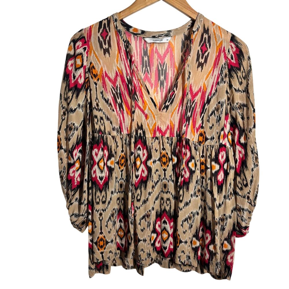 Summum Aztec Boho Blouse Top Women EU36 US6 Tan Pink Flowy 3/4 Sleeve Vacation‎